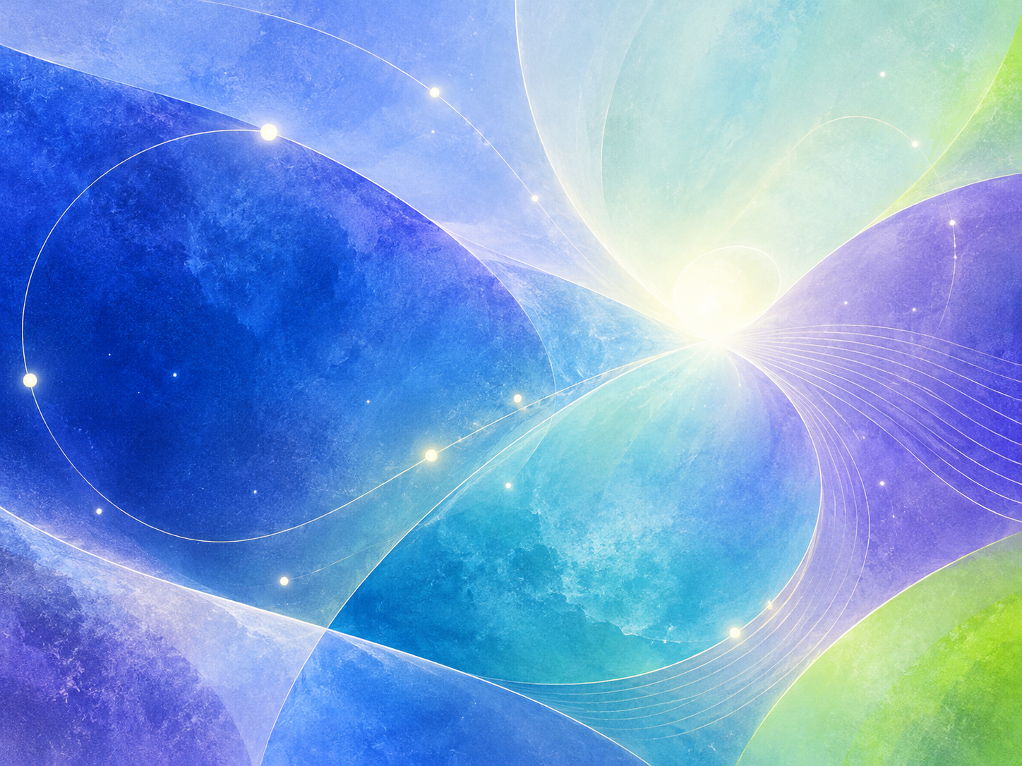 Luminous blue, violet, and teal painted fields connected by fine arcs of light