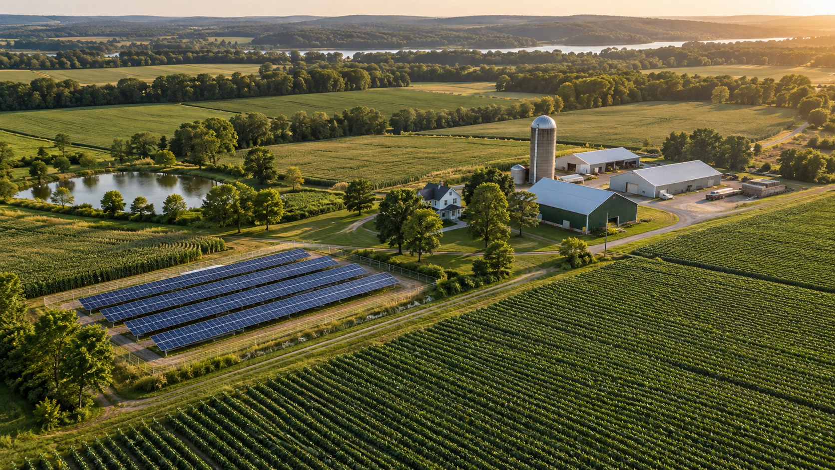 Illustrative aerial view of green farmland, solar panels, farm buildings, and tree-lined fields in warm sunlight
